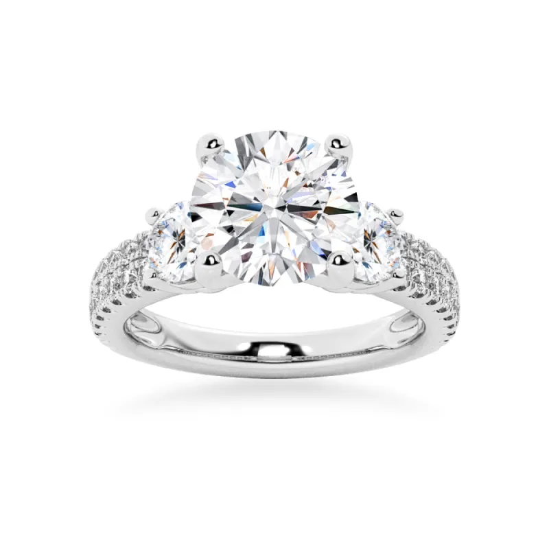 NEW Double Row Pave Three Stone Round Cut Moissanite Engagement Ring sold by MSBLUE Jewelry