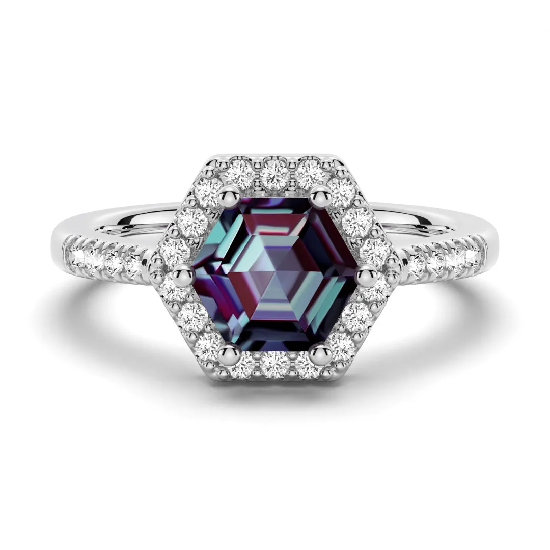 1.5 CT. Hexagon Cut Alexandrite Engagement Ring With Moissanite Halo Pavé sold by MSBLUE Jewelry