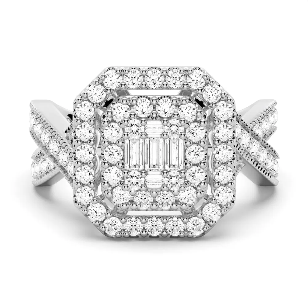 Vintage Double Halo Moissanite Baguette & Round Engagement Ring sold by MSBLUE Jewelry