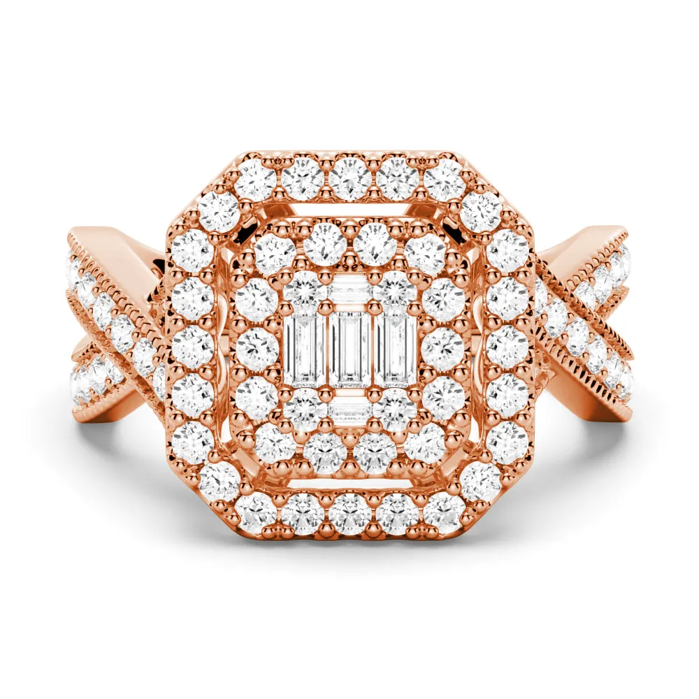 Vintage Double Halo Moissanite Baguette & Round Engagement Ring sold by MSBLUE Jewelry product image thumbnail 3