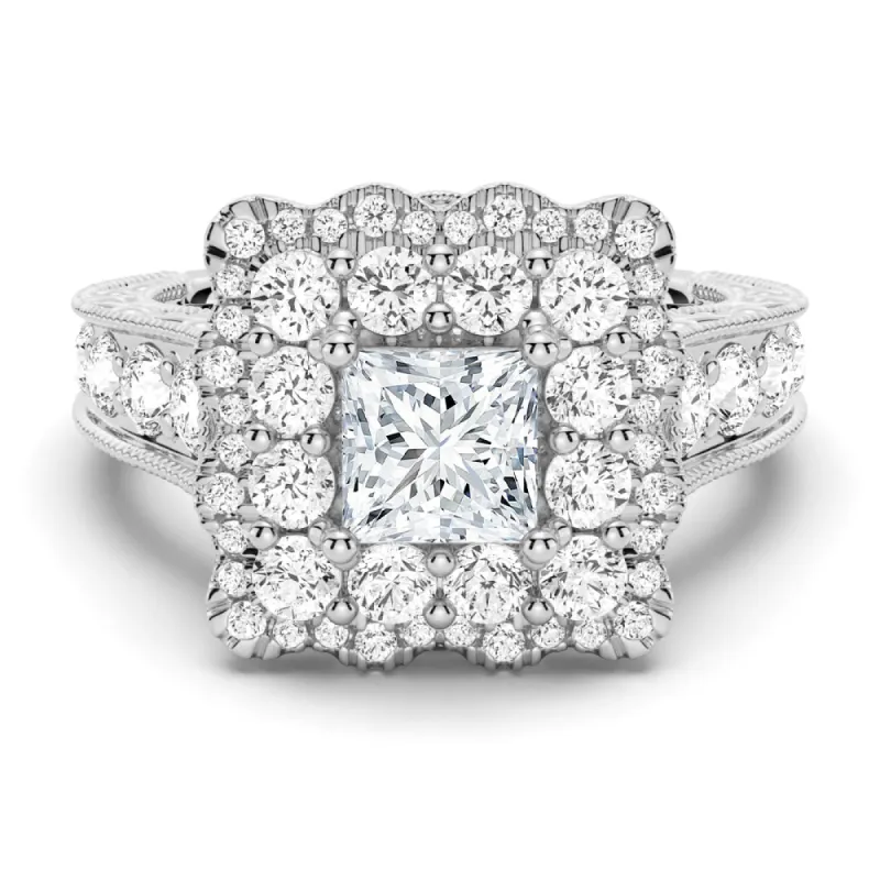 Vintage Double Halo Princess Cut Moissanite Engagement Ring sold by MSBLUE Jewelry