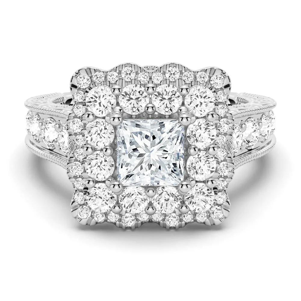 Vintage Double Halo Princess Cut Moissanite Engagement Ring sold by MSBLUE Jewelry
