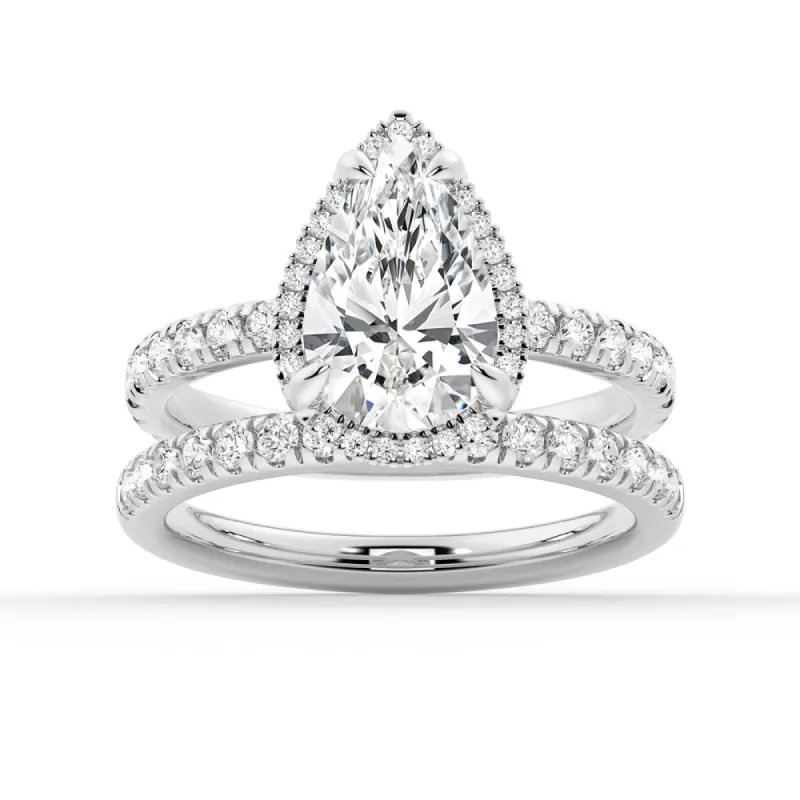 Half Eternity Pear Shaped Halo Moissanite Ring Set with Matching Wedding Band sold by MSBLUE Jewelry