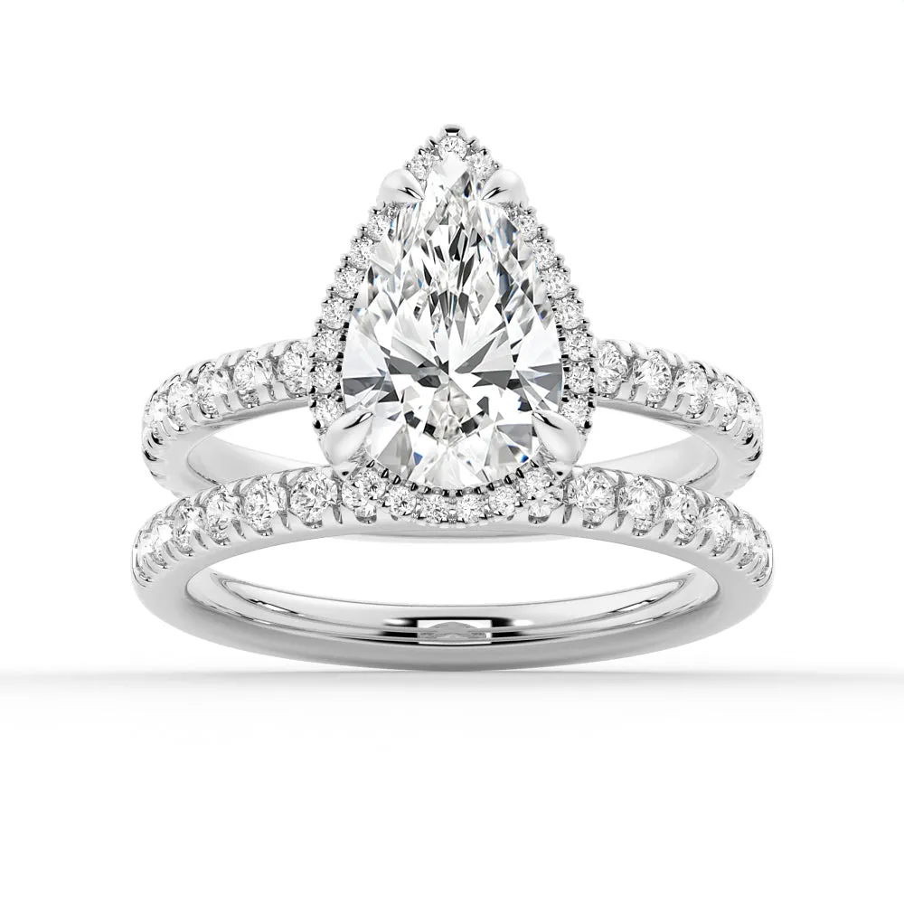 Half Eternity Pear Shaped Halo Moissanite Ring Set with Matching Wedding Band sold by MSBLUE Jewelry