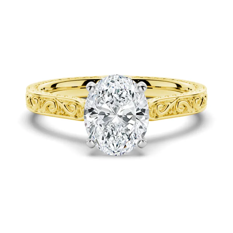 Vintage Two Tone Oval Moissanite Engagement Ring With Milgrain Edges sold by MSBLUE Jewelry