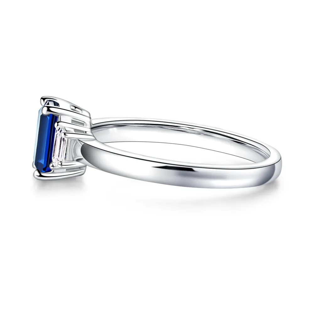 Emerald Cut Blue Sapphire and White Sapphire Three Stone Ring sold by MSBLUE Jewelry product image thumbnail 5