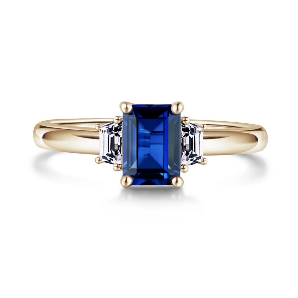Emerald Cut Blue Sapphire and White Sapphire Three Stone Ring sold by MSBLUE Jewelry product image thumbnail 2