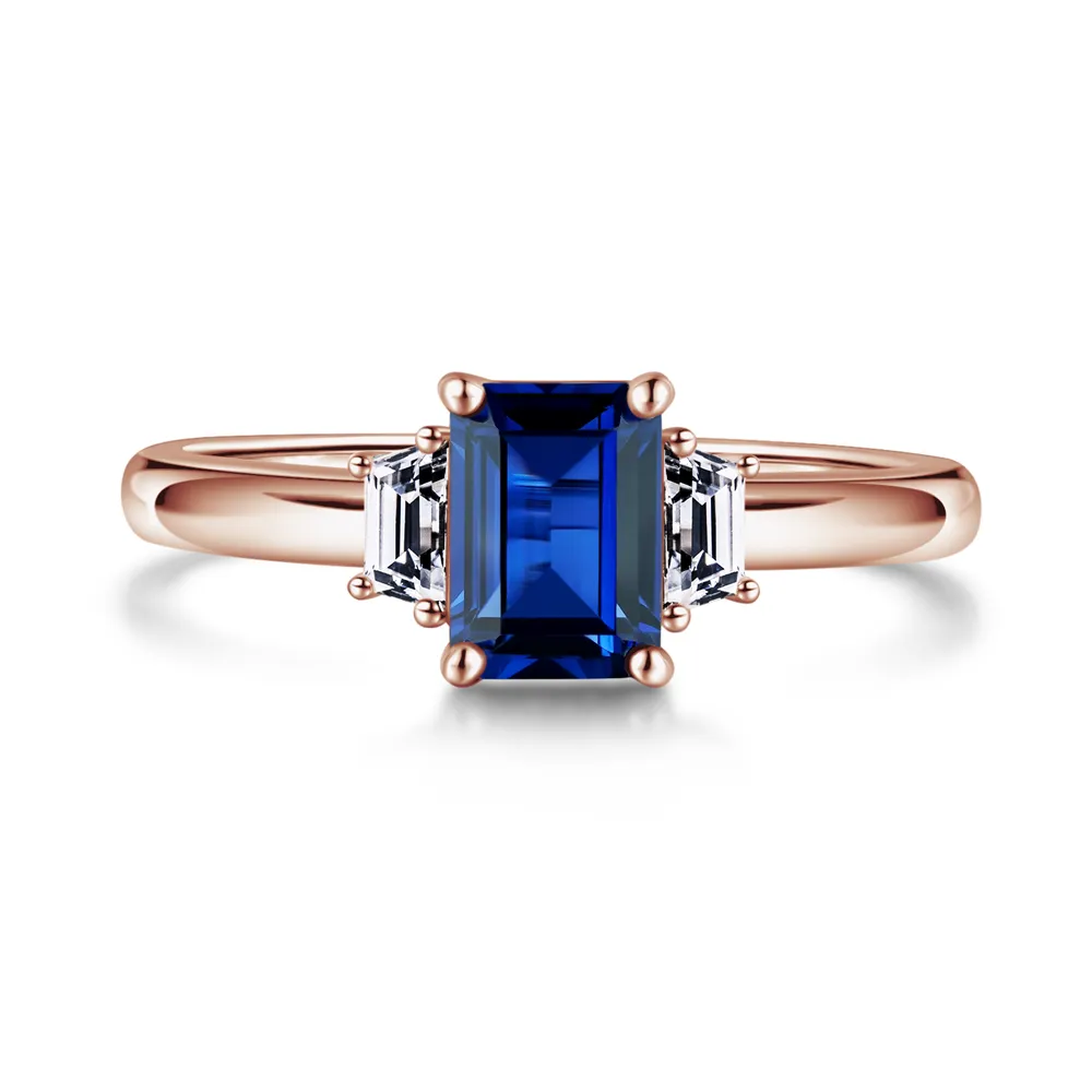 Emerald Cut Blue Sapphire and White Sapphire Three Stone Ring sold by MSBLUE Jewelry product image thumbnail 3