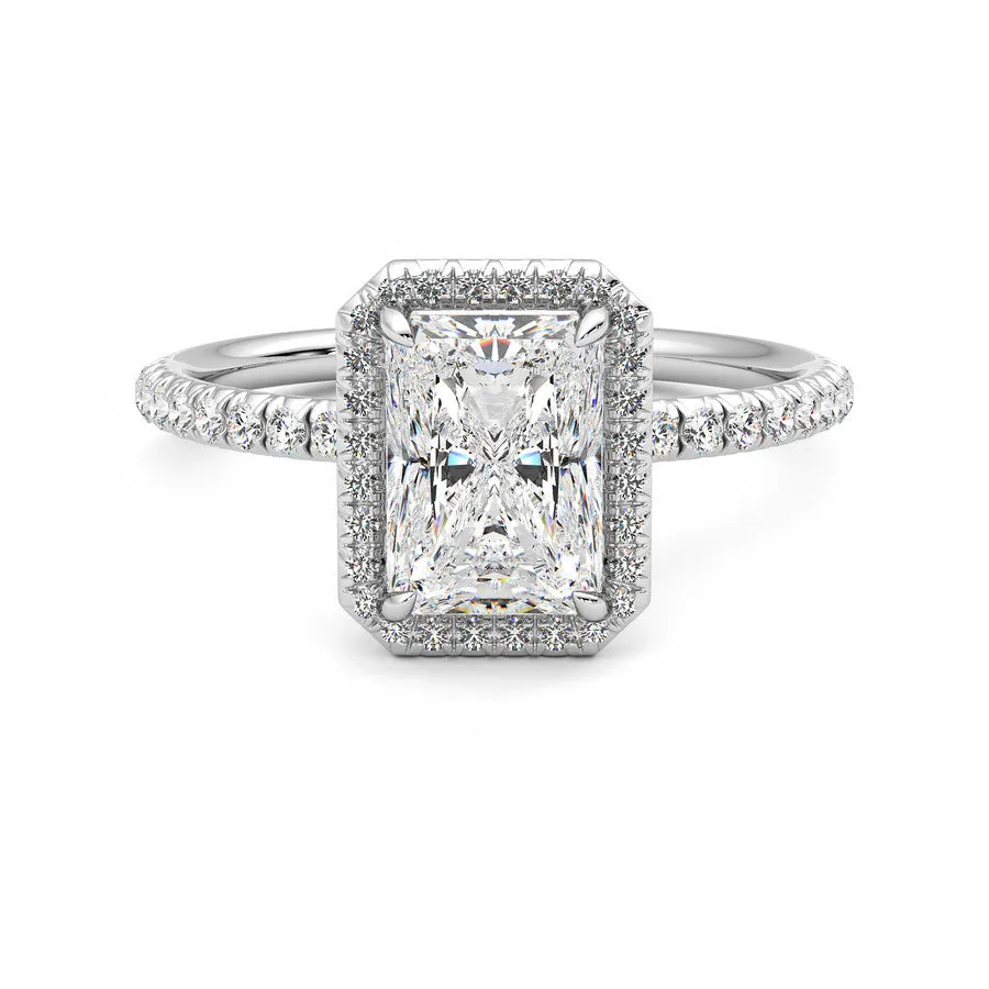 Classic Halo Radiant Cut Moissanite Engagement Ring with Hidden Anniversary Stone Accent sold by MSBLUE Jewelry