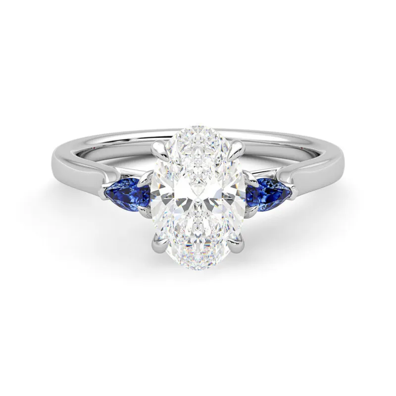 Three Stone Oval Cut Moissanite and Sapphire Engagement Ring with Hidden Anniversary Stone Accent sold by MSBLUE Jewelry