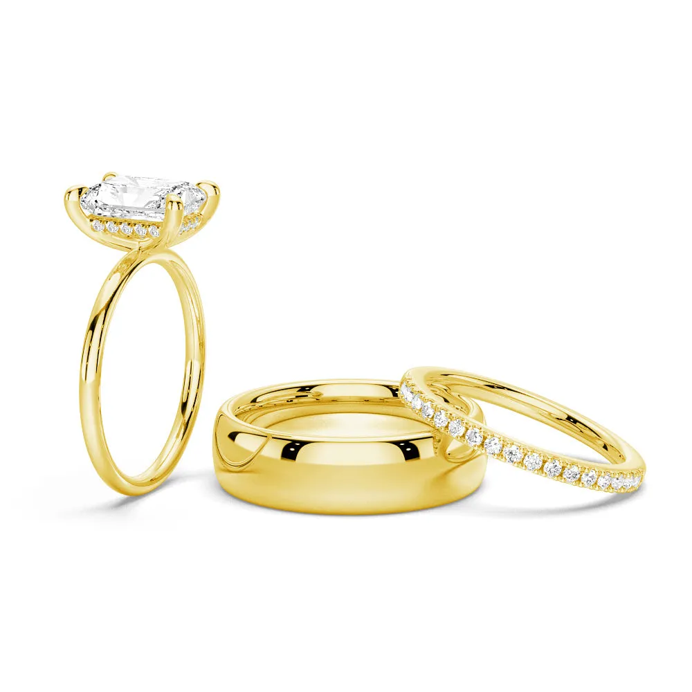 Four-Prong Radiant Cut Hidden Halo Moissanite Couple's Ring Set with Men's Wedding Band sold by MSBLUE Jewelry product image thumbnail 2