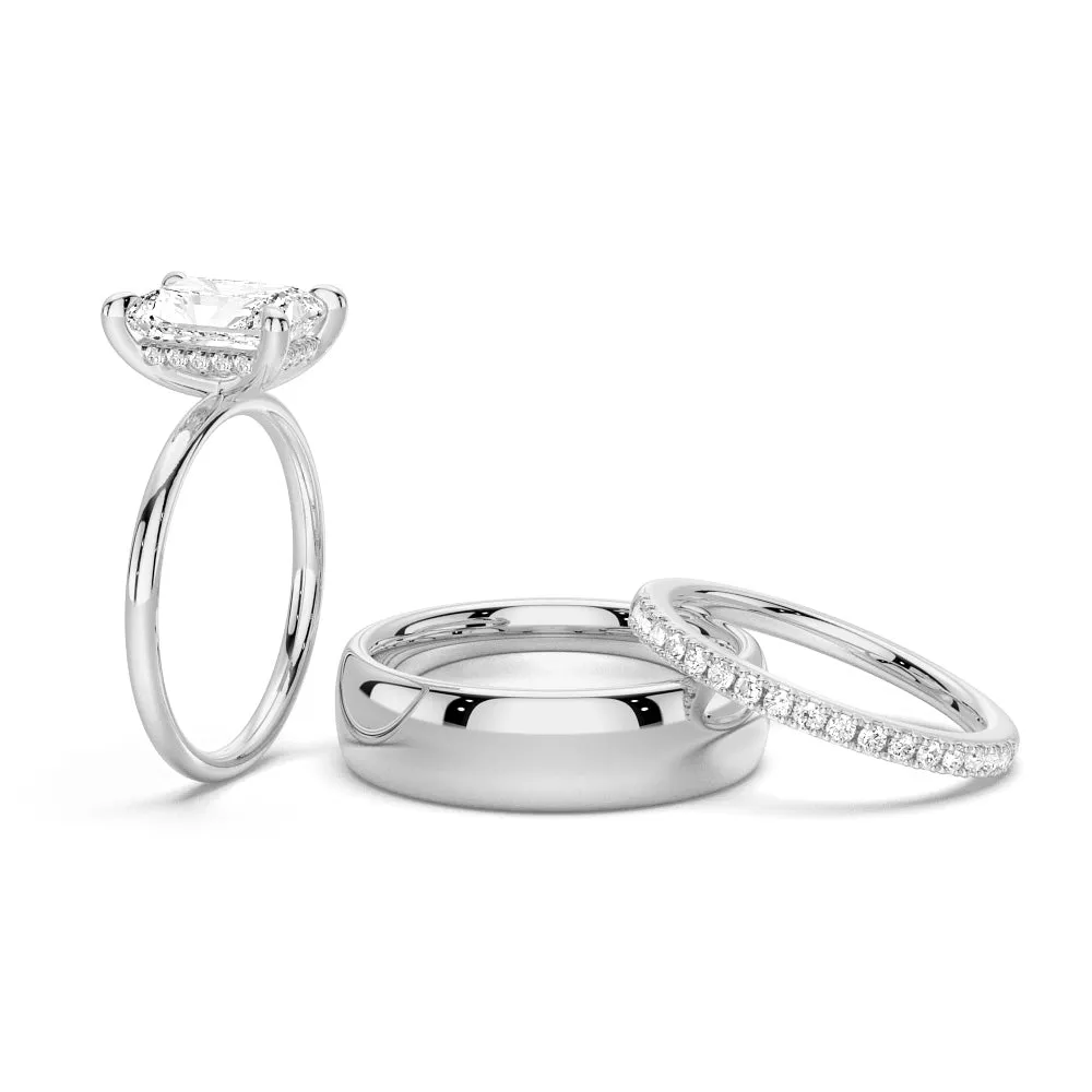 Four-Prong Radiant Cut Hidden Halo Moissanite Couple's Ring Set with Men's Wedding Band sold by MSBLUE Jewelry