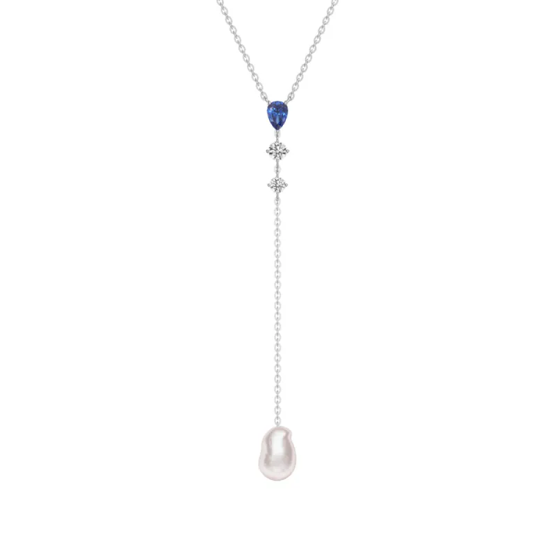 Unique Baroque Pearl and Sapphire Morden Y Lariat Necklace sold by MSBLUE Jewelry