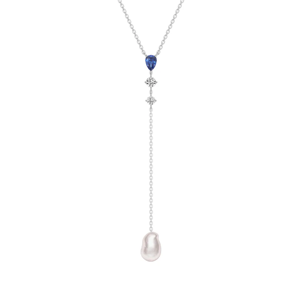 Unique Baroque Pearl and Sapphire Morden Y Lariat Necklace sold by MSBLUE Jewelry