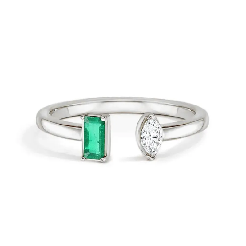 Lab Grown Emerald and Diamond Toi et Moi Open Promise Ring sold by MSBLUE Jewelry