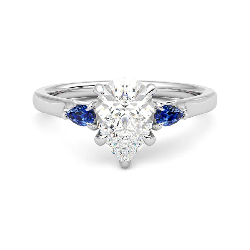 Three Stone Pear Cut Moissanite Engagement Ring with Hidden Anniversary Stone Accent sold by MSBLUE Jewelry