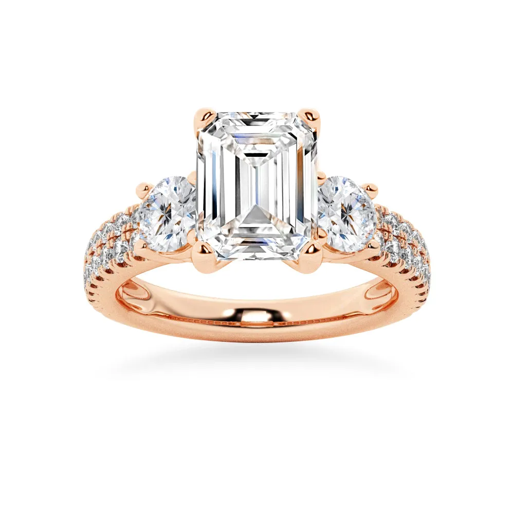 Double Row Pave Three Stone Emerald Cut Engagement Ring sold by MSBLUE Jewelry product image thumbnail 3