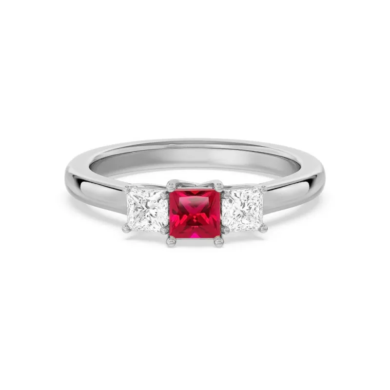 Lab Grown Ruby and Princess Cut Diamond Three Stone Ring sold by MSBLUE Jewelry