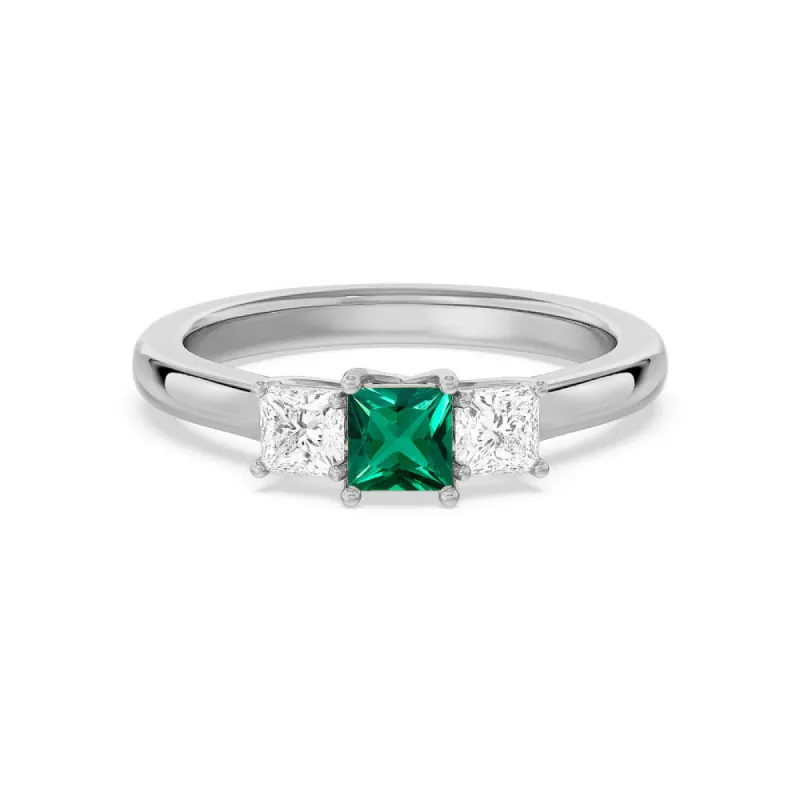 Lab Grown Emerald and Princess Cut Diamond Three Stone Ring sold by MSBLUE Jewelry