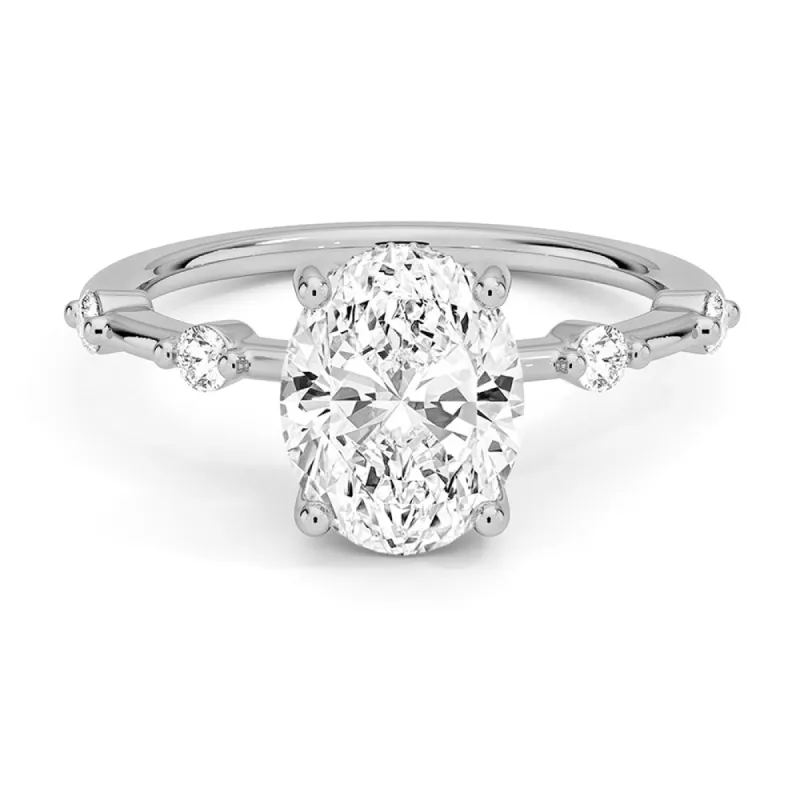 Oval Cut Moissanite Ring with Diamond Spaced Band and Hidden Halo sold by MSBLUE Jewelry