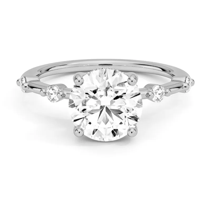 Round Cut Moissanite Ring with Diamond Spaced Band and Hidden Halo sold by MSBLUE Jewelry