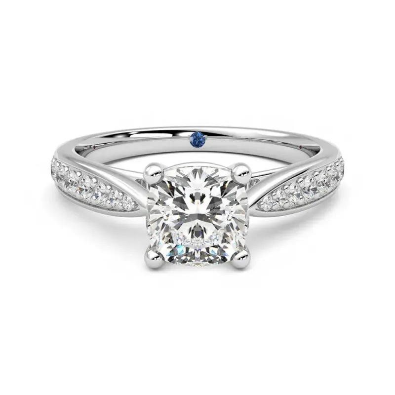 Cushion Cut Moissanite Engagement Ring with Pavé Band and Hidden Anniversary Stone Accent sold by MSBLUE Jewelry