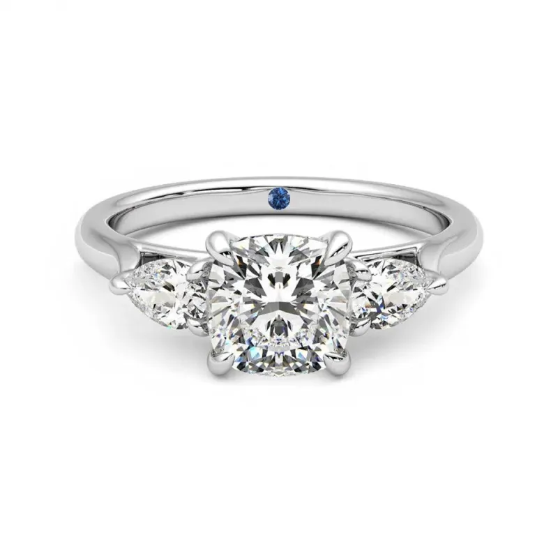 Three Stone Cushion Cut Moissanite Engagement Ring with Hidden Anniversary Stone Accent sold by MSBLUE Jewelry