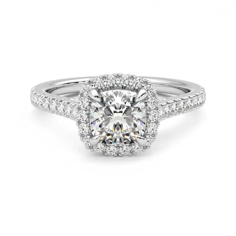 Cushion Cut Halo Moissanite Engagement Ring with Hidden Anniversary Stone Accent sold by MSBLUE Jewelry