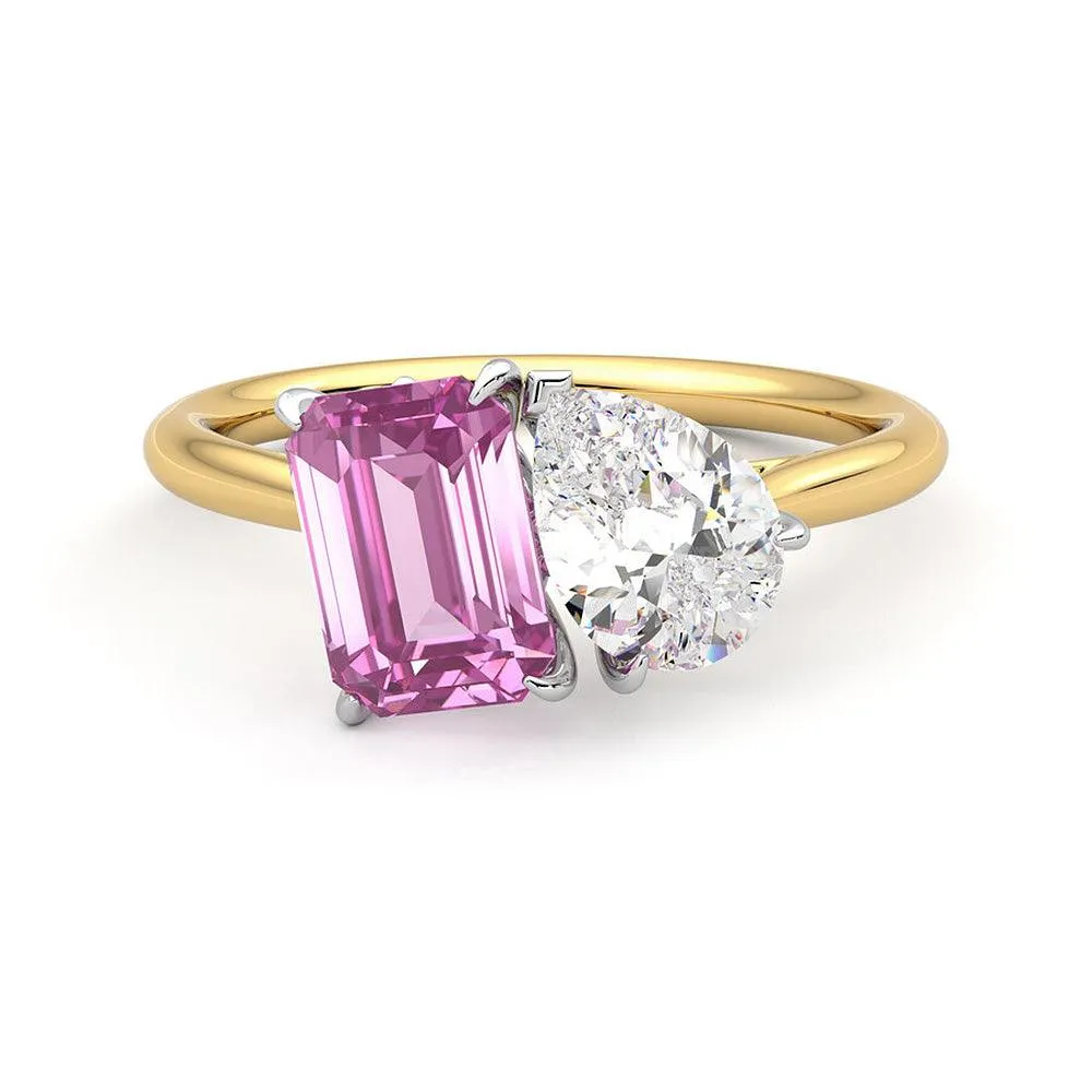 Toi et Moi Pear Shaped Moissanite and Emerald Cut Pink Sapphire Engagement Ring sold by MSBLUE Jewelry product image thumbnail 4