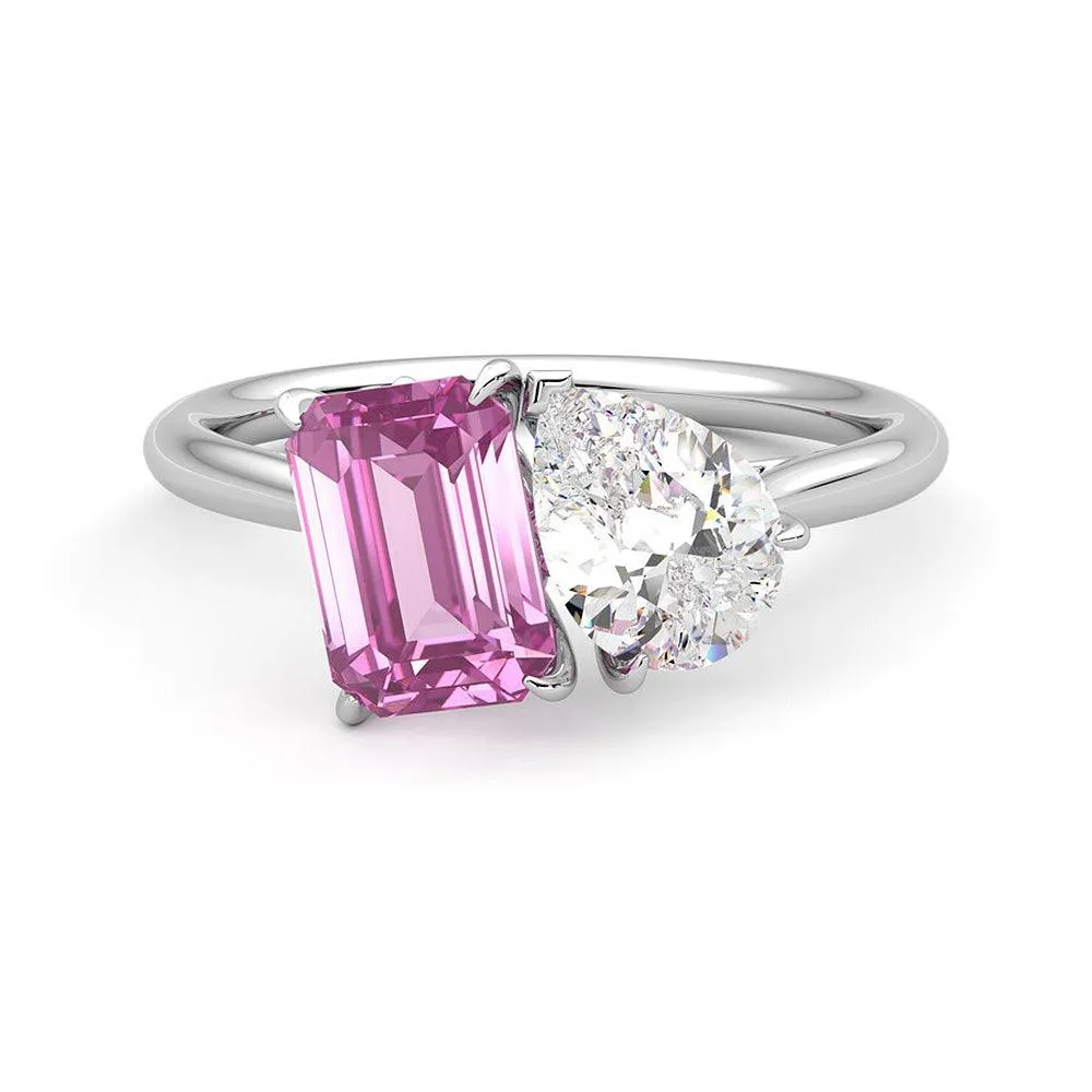 Toi et Moi Pear Shaped Moissanite and Emerald Cut Pink Sapphire Engagement Ring sold by MSBLUE Jewelry
