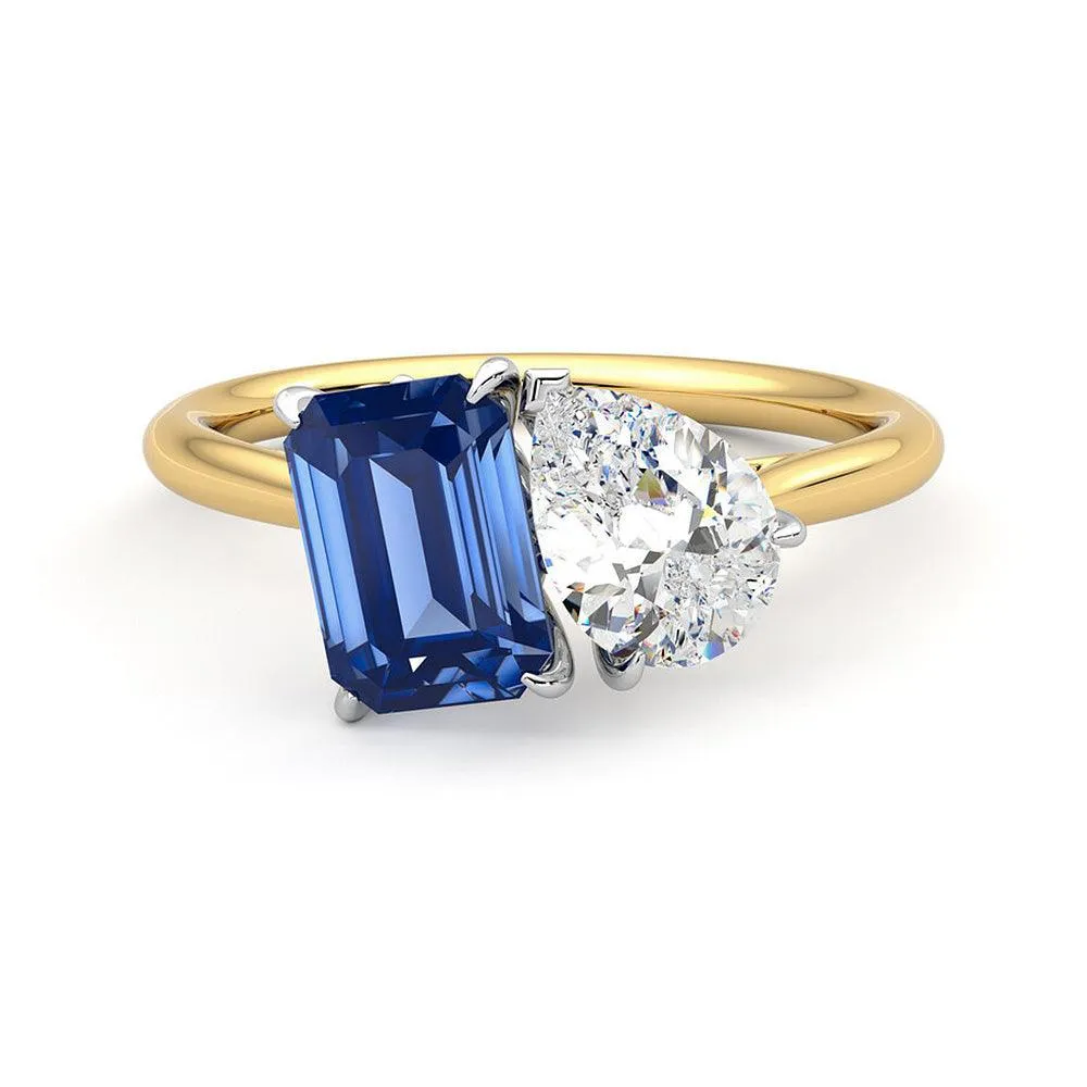 Toi et Moi Pear Shaped Moissanite and Emerald Cut Sapphire Engagement Ring sold by MSBLUE Jewelry product image thumbnail 5