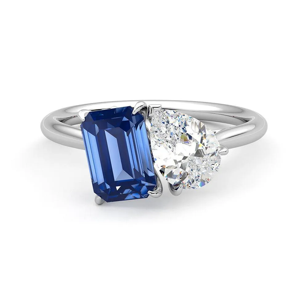 Toi et Moi Pear Shaped Moissanite and Emerald Cut Sapphire Engagement Ring sold by MSBLUE Jewelry