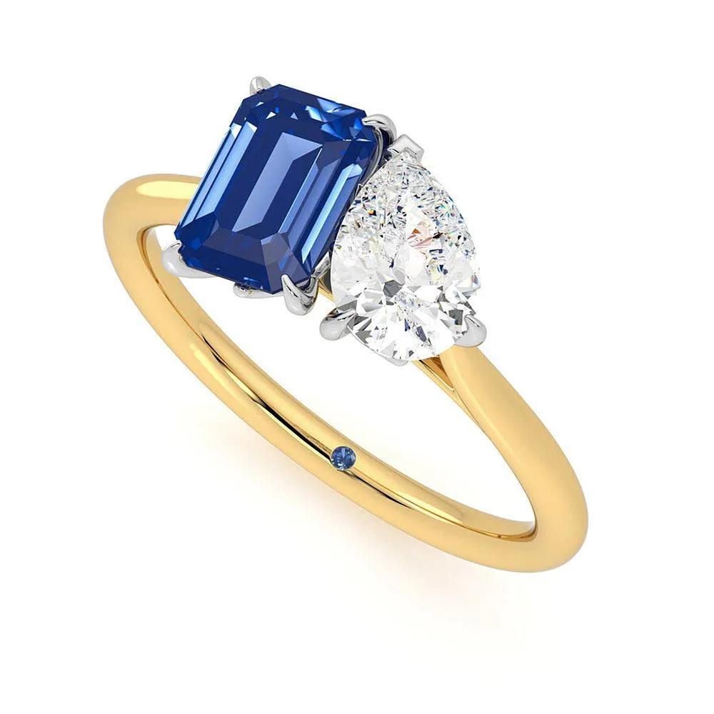 Toi et Moi Pear Shaped Moissanite and Emerald Cut Sapphire Engagement Ring sold by MSBLUE Jewelry product image thumbnail 4