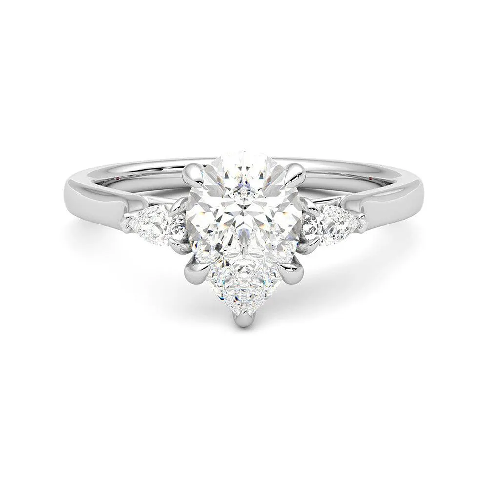 Three Stone Pear Cut Moissanite Engagement Ring with Hidden Anniversary Stone Accent sold by MSBLUE Jewelry