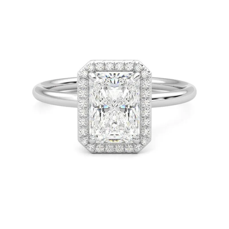 Radiant Cut Halo Moissanite Engagement Ring with Hidden Anniversary Stone Accent sold by MSBLUE Jewelry