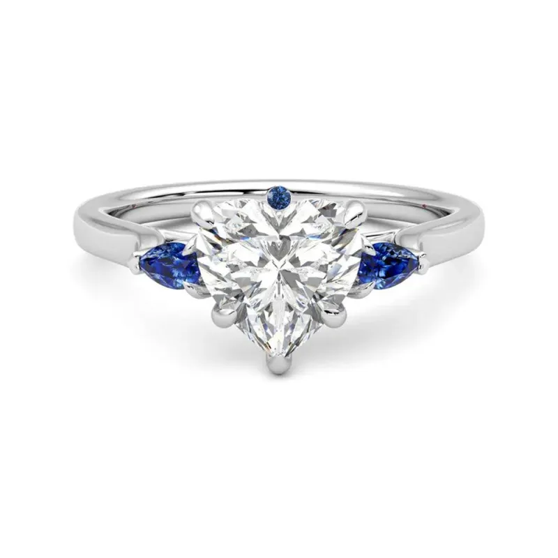 Three Stone Heart Shaped Moissanite Engagement Ring with Hidden Anniversary Stone Accent sold by MSBLUE Jewelry