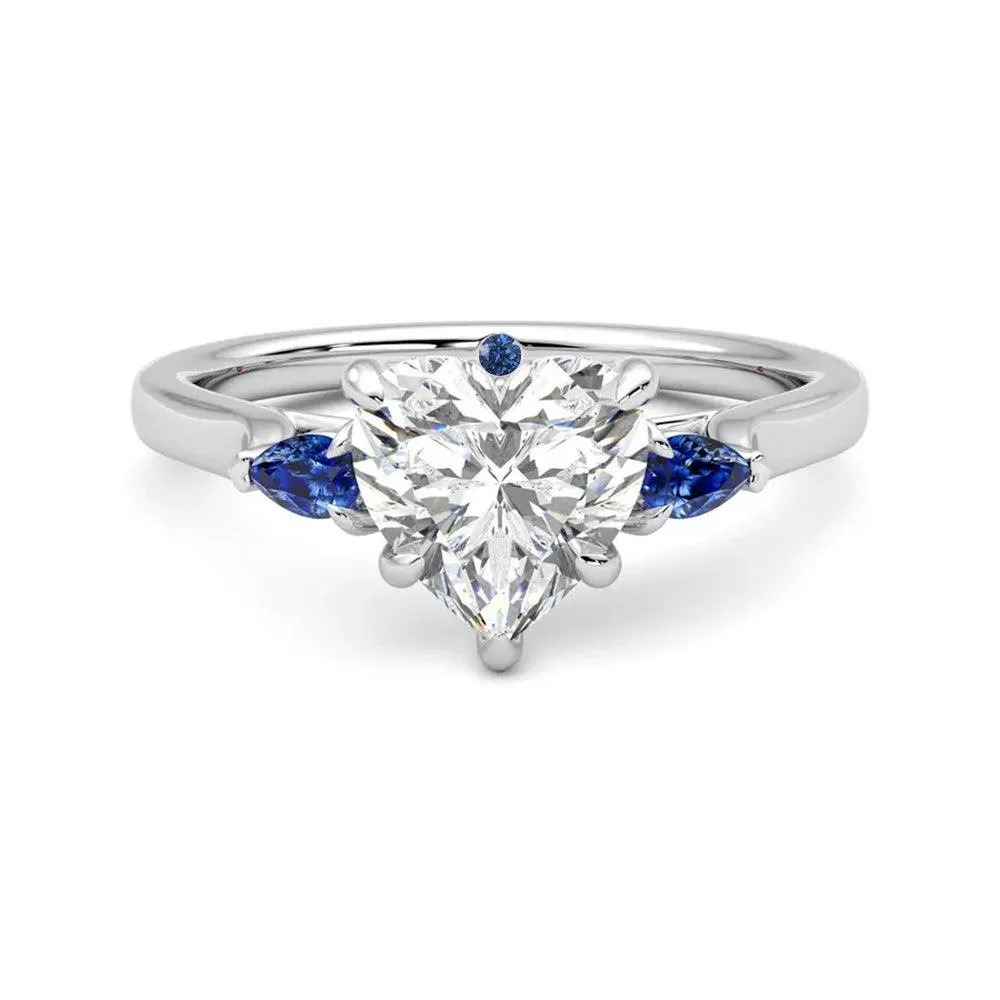 Three Stone Heart Shaped Moissanite Engagement Ring with Hidden Anniversary Stone Accent sold by MSBLUE Jewelry