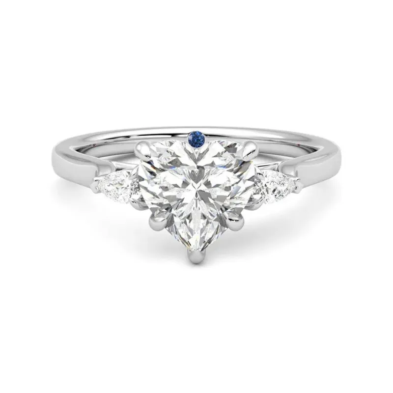 Heart Shaped Three Stone Moissanite Engagement Ring with Hidden Anniversary Stone Accent sold by MSBLUE Jewelry