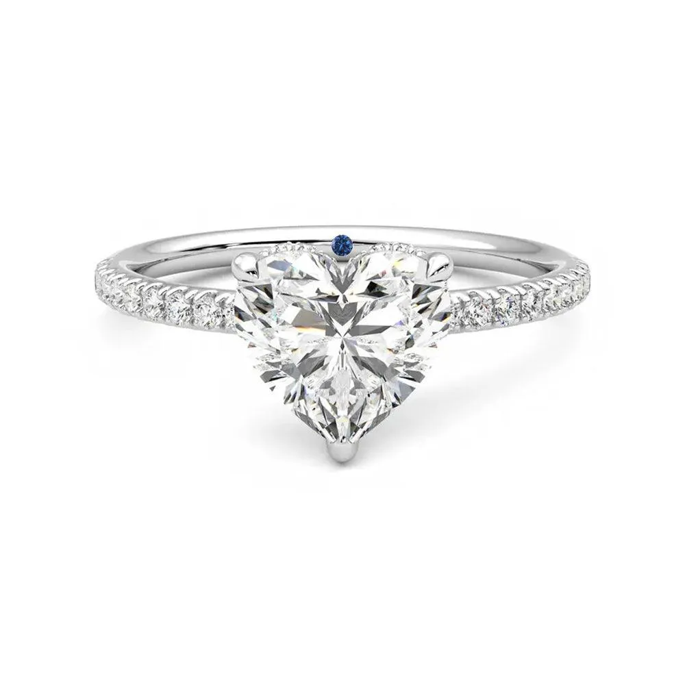 Heart Shaped Moissanite Engagement Ring with Hidden Halo and Anniversary Stone Accent sold by MSBLUE Jewelry
