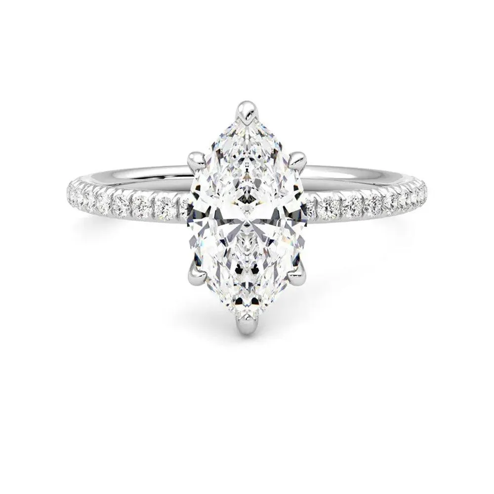Six Prong Marquise Cut Moissanite Engagement Ring with Hidden Anniversary Stone Accent sold by MSBLUE Jewelry