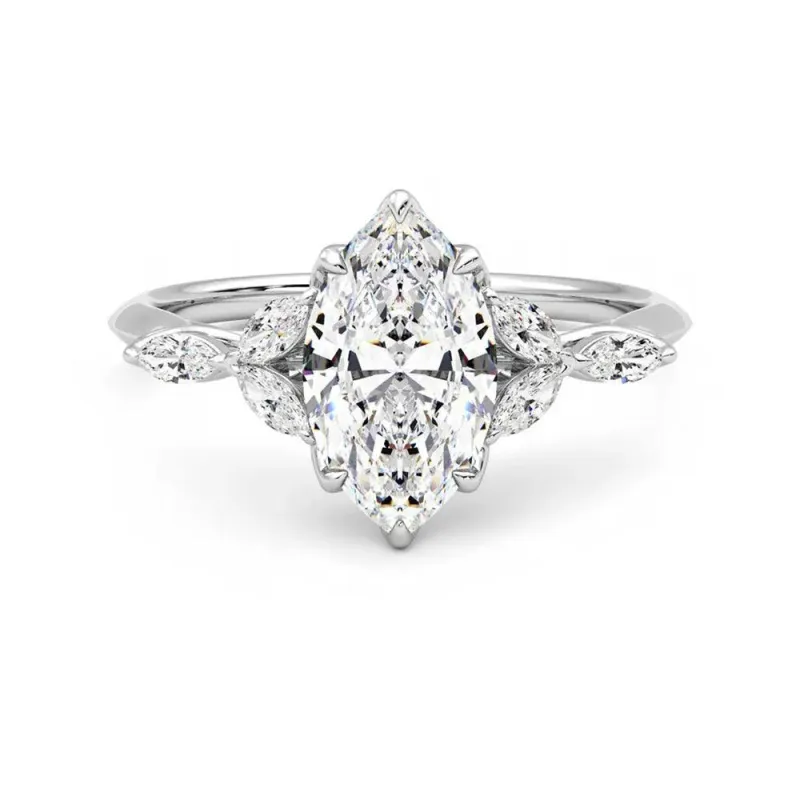Marquise Cut Moissanite Engagement Ring with Petals and Hidden Anniversary Stone Accent sold by MSBLUE Jewelry