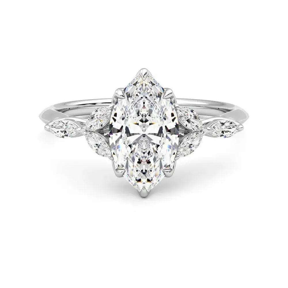 Marquise Cut Moissanite Engagement Ring with Petals and Hidden Anniversary Stone Accent sold by MSBLUE Jewelry