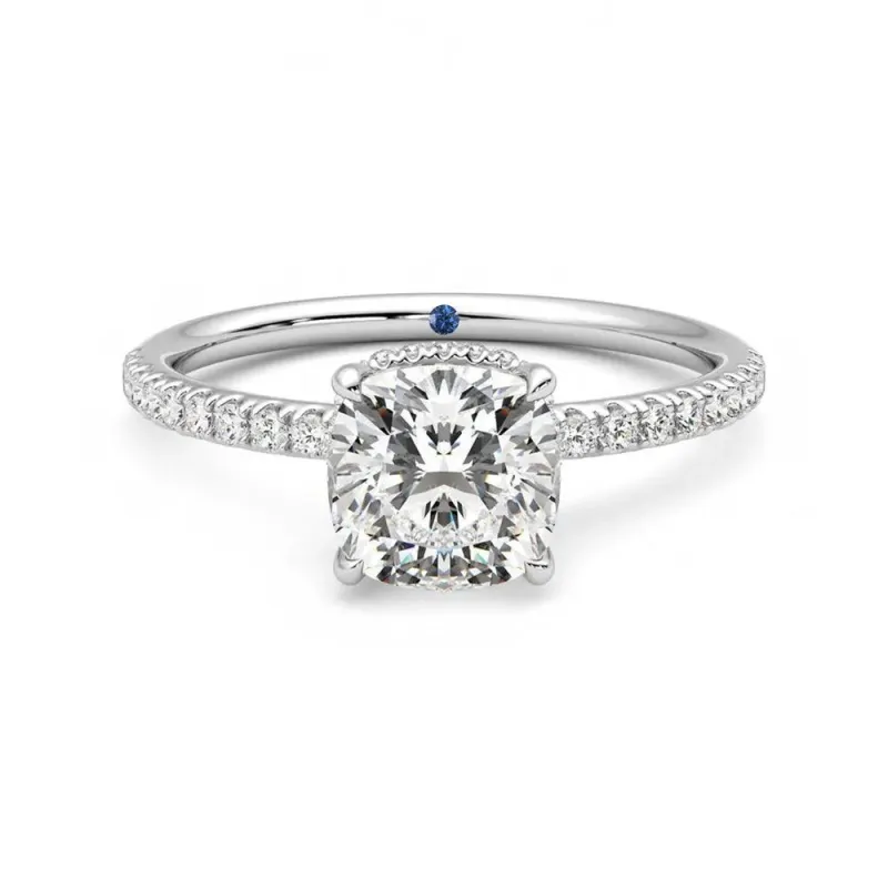 Cushion Cut Moissanite Engagement Ring with Hidden Halo and Anniversary Stone Accent sold by MSBLUE Jewelry