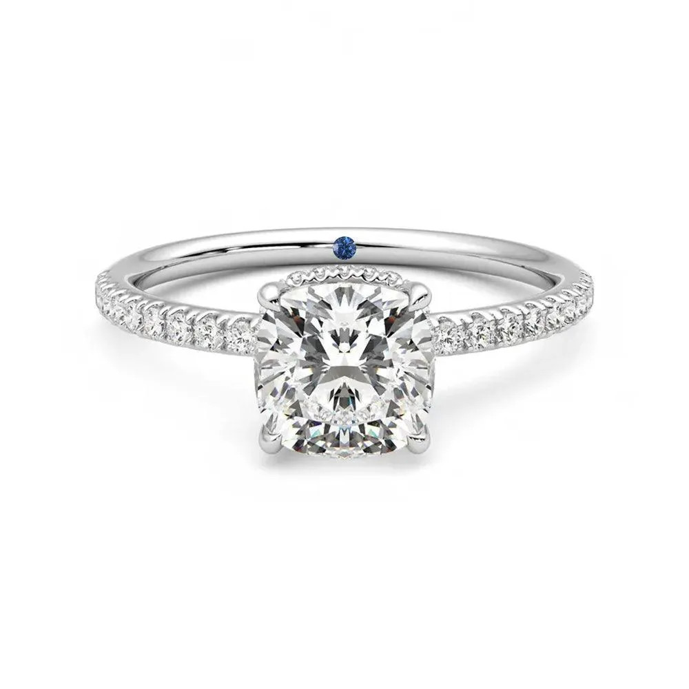 Cushion Cut Moissanite Engagement Ring with Hidden Halo and Anniversary Stone Accent sold by MSBLUE Jewelry