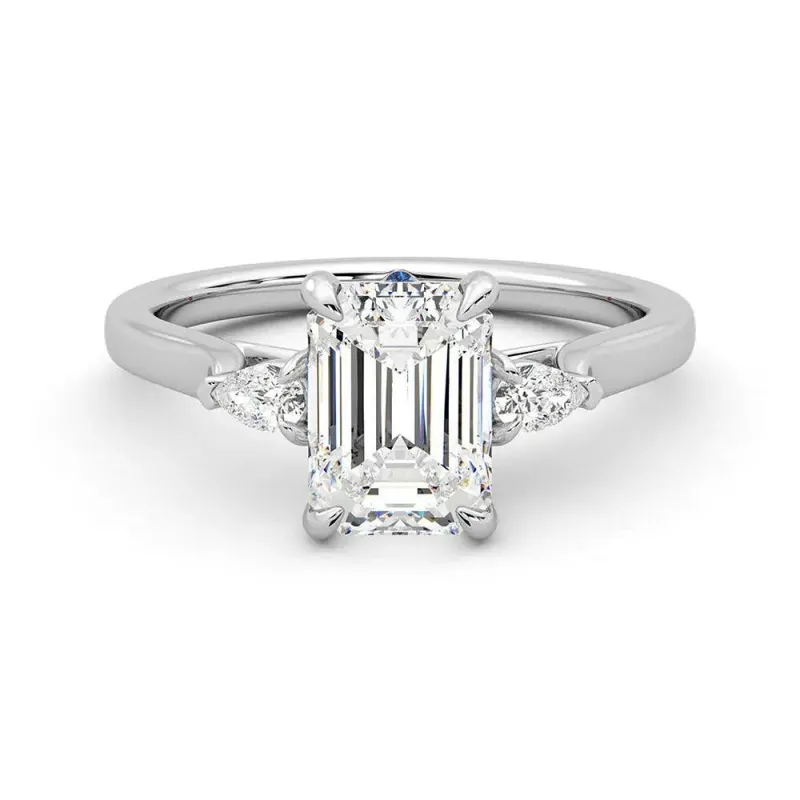 Three Stone Emerald Cut Moissanite and Sapphire Engagement Ring with Hidden Anniversary Stone Accent sold by MSBLUE Jewelry
