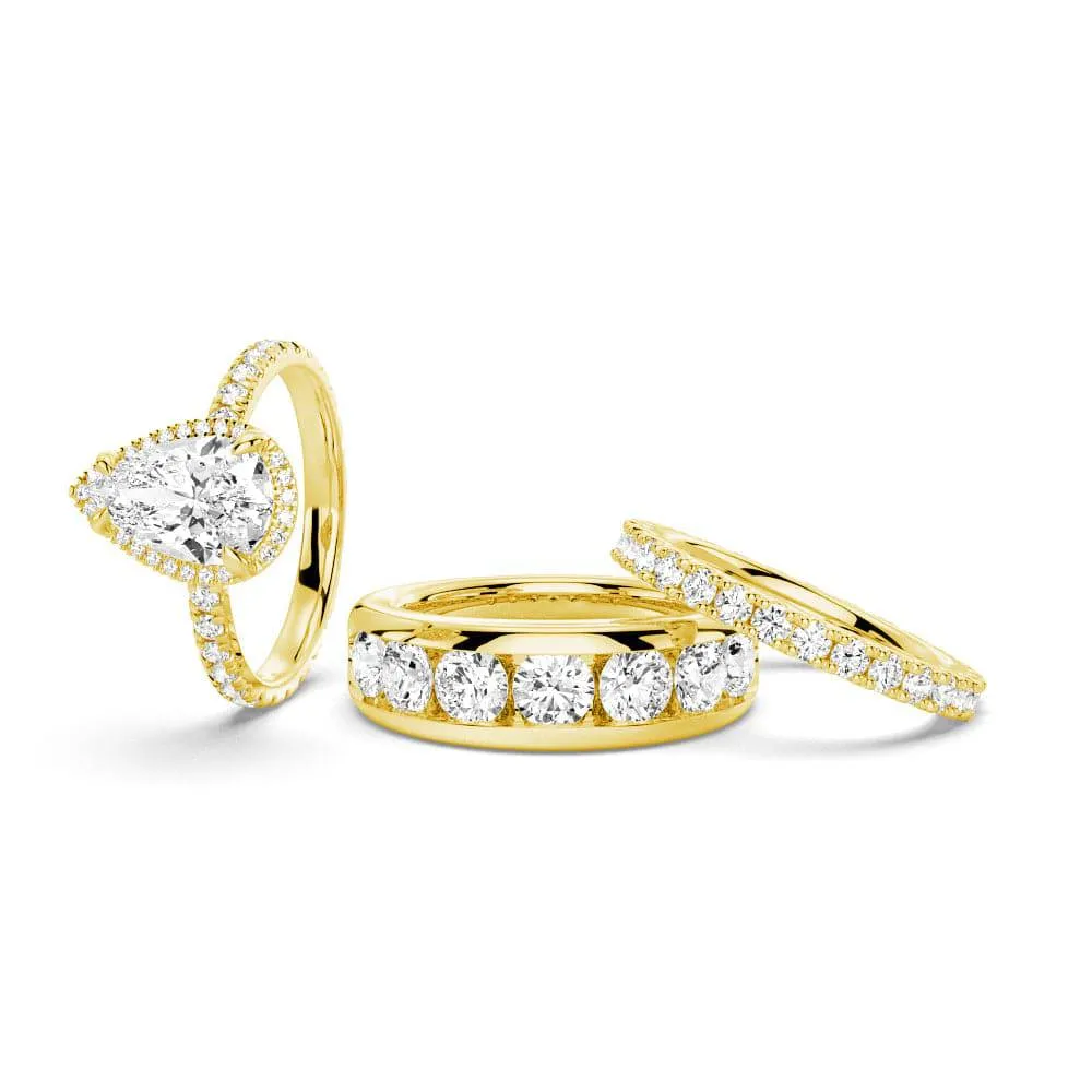 Half Eternity Pear Shaped Halo Moissanite Couple's Ring Set with Men's Wedding Band sold by MSBLUE Jewelry product image thumbnail 2