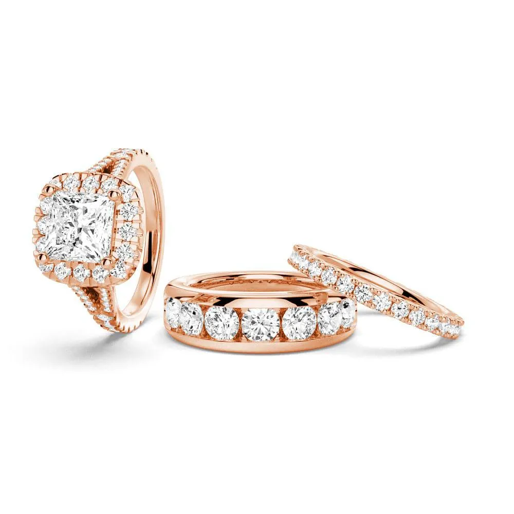 Princess Cut Split Shank Halo Moissanite Couple's Ring Set with Men's Wedding Band sold by MSBLUE Jewelry product image thumbnail 3