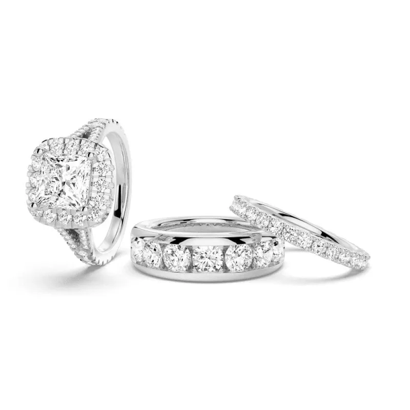 Princess Cut Split Shank Halo Moissanite Couple's Ring Set with Men's Wedding Band sold by MSBLUE Jewelry
