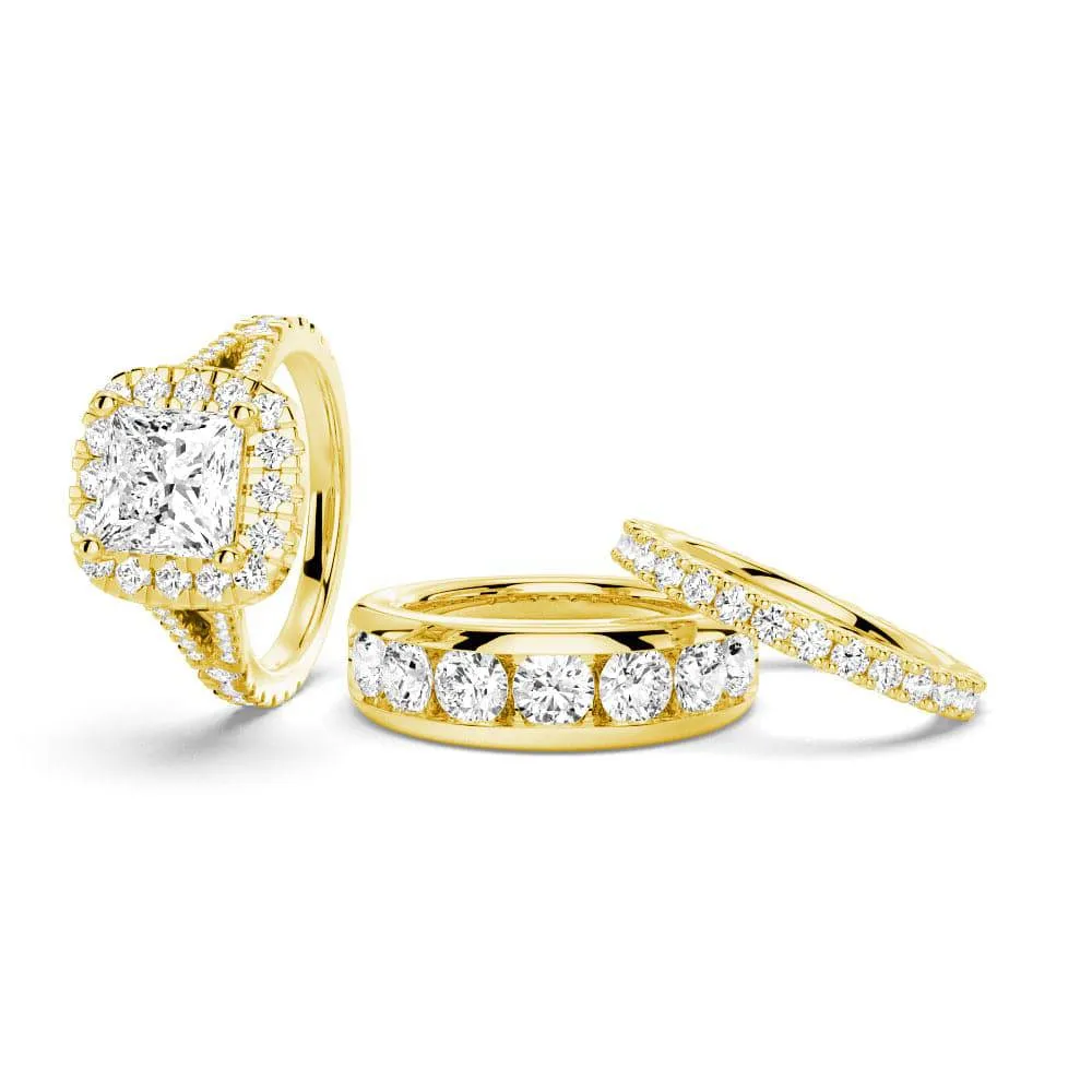 Princess Cut Split Shank Halo Moissanite Couple's Ring Set with Men's Wedding Band sold by MSBLUE Jewelry product image thumbnail 2