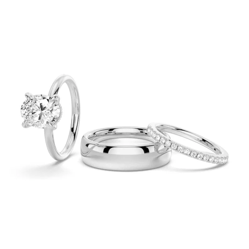 Oval Solitaire Moissanite Couple's Ring Set with Men's Wedding Band sold by MSBLUE Jewelry